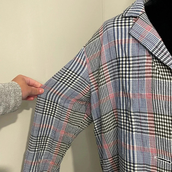 J. Jill Plaid Oversized Longline Cotton Blazer Red, White,‎ and Blue - Picture 4 of 12